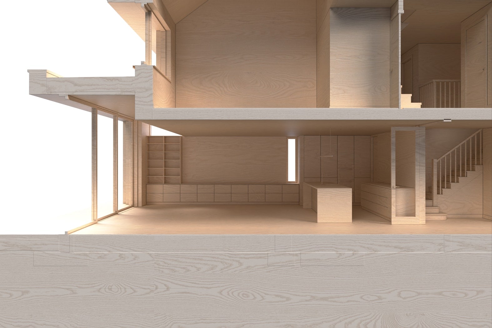 Cross-sectional view through kitchen, dining, living area
